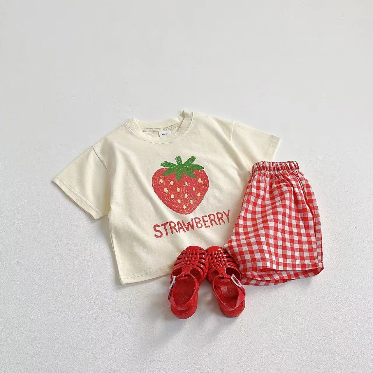 Fruit Pattern T-shirt Children's Clothes Summer Fashion Casual Korean Style Short Sleeve Suit Tees + Plaid Shorts Kids Outfits