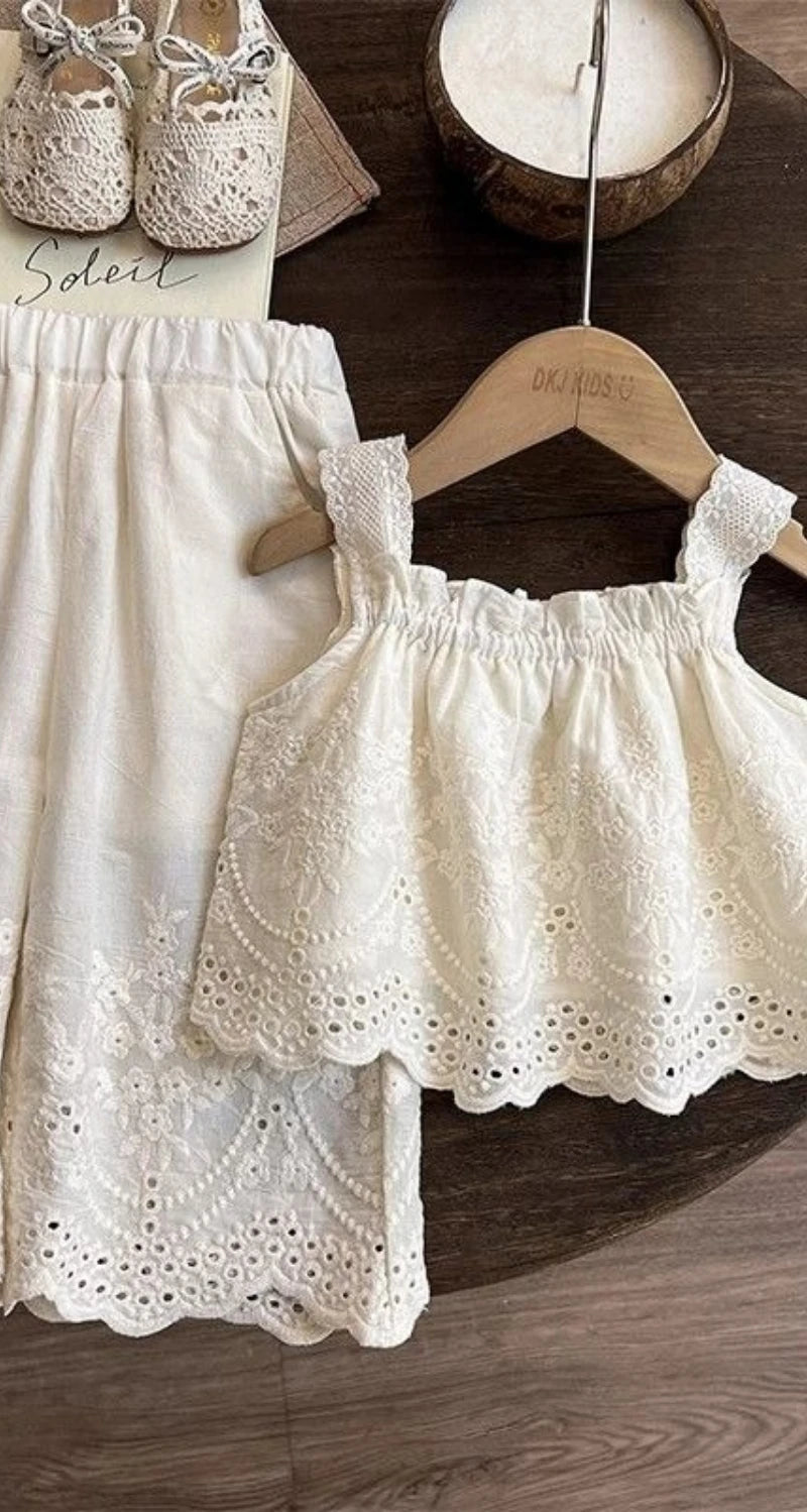 Korean Children's Clothing 2025 Summer New Item Embroidery Vest Wide Leg Pants Two-piece Set Girls' Top Pants Trend