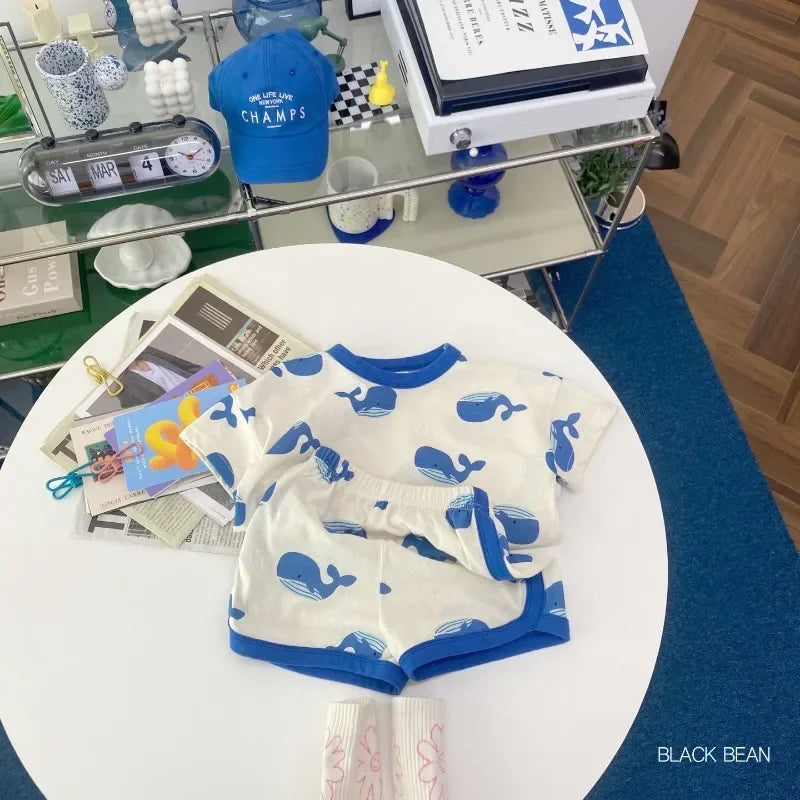Full Print dolphin Tees +shorts Boys And Girls Cute Cotton Fashion Crew Neck Pullover Short Sleeve Home Clothes 2pcs Suits