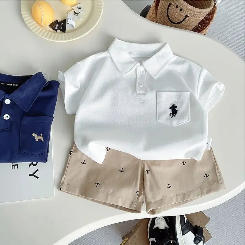 Infant Boys Summer Thin Polo Shirt Set Baby Boy Short Sleeved Cartoon Embroidered Shirt + Full Printed Casual Shorts 2pcs Set