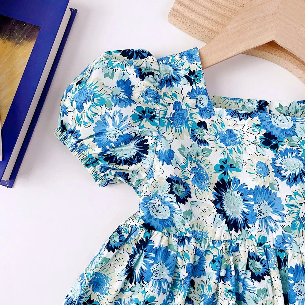 Summer Girls Fashion New Square Neck Puff Sleeve Flower Print Princess Dress 1 Pc 2-6 Years Children Sweet Casual Clothes