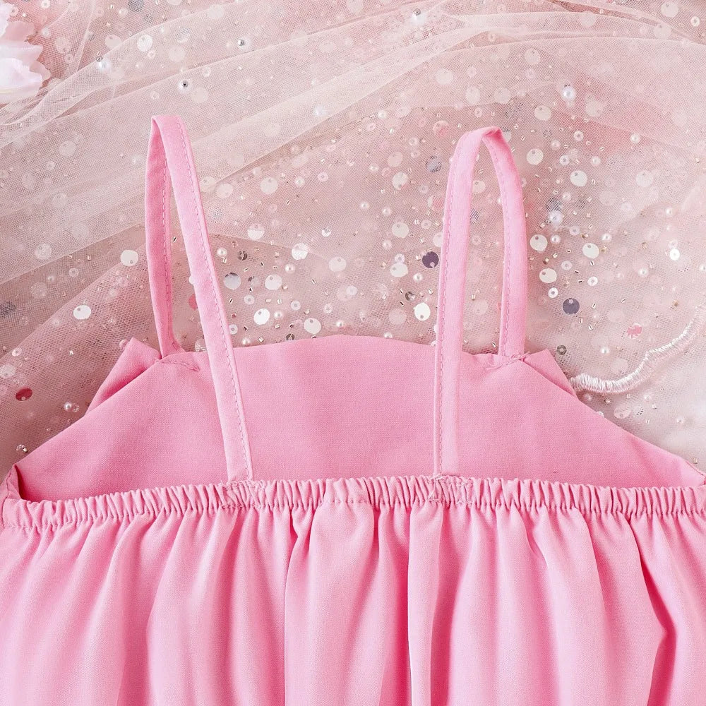 Bear Leader Summer New Pink Girls Clothes Sweet and Cute Children's Suit Pearl Bow Decorative Strap Top+Cake Skirt 2-piece Set