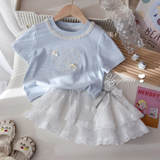 2025 Summer Children Girls 2PCS Clothes Set Lace Embroidery Short Sleeve T-shirt Stylish Puffy Skirts Suit Toddler Girl Outfits