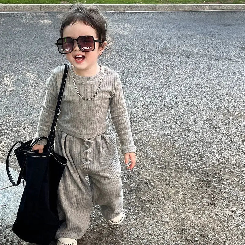 Round Neck Long-Sleeved Top Solid Color Pant Suit