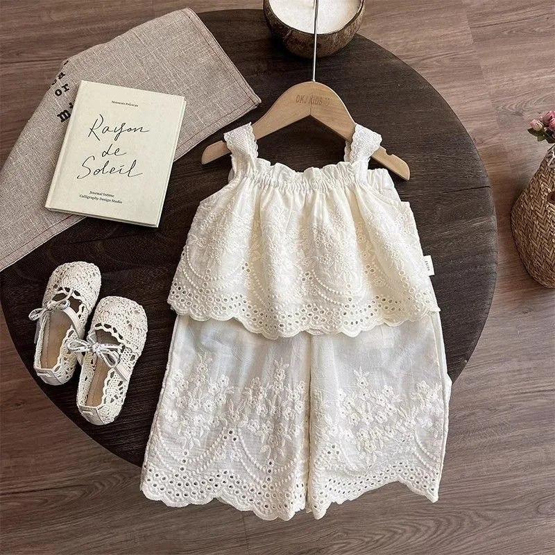 Korean Children's Clothing 2025 Summer New Item Embroidery Vest Wide Leg Pants Two-piece Set Girls' Top Pants Trend