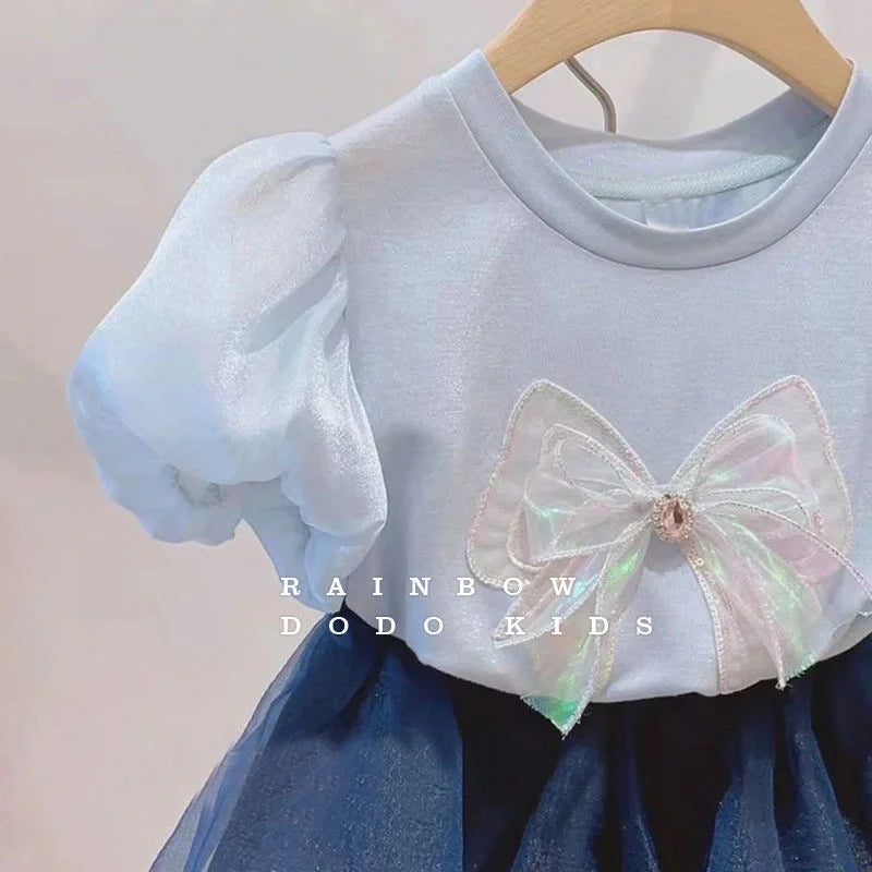 Summer Girls Bow T-shirts Sets Puff Sleeve Tops+Tulle Skirts 2Pcs Suits Kids Fashion Sweet Short Sleeve Outfits Children Clothes