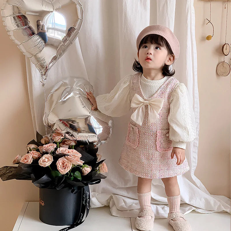 Baby Girl Dress Autumn Sweet Fragrant Breeze Butterfly Knot Bubble Sleeve Baby Girl Dress Birthday Party Baby Girl Dress