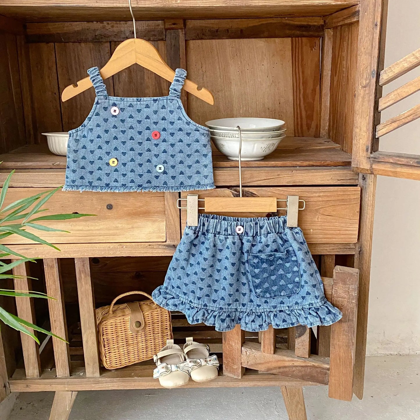 Baby Clothes Summer Female Baby Fashion Trend Cowboy Set Love Cowboy Strap Top Short Skirt Two Piece Set