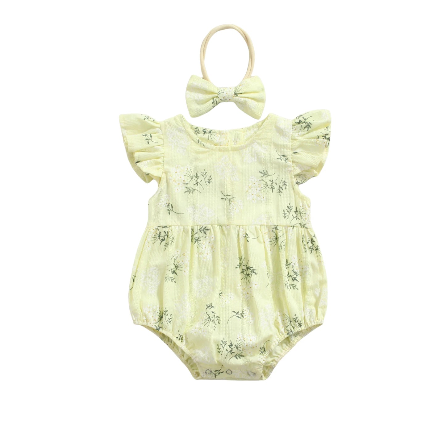 Baby Romper with Hairband Kids Floral Print Round Neck Fly Sleeve Bodysuit+ Headband for Summer Blue/Yellow 0-24 Months