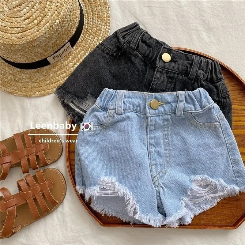 Summer Baby Girls Pants Washed Denim Ripped Shorts Hot Pants 2025 Summer New Fashion Children'S Clothing