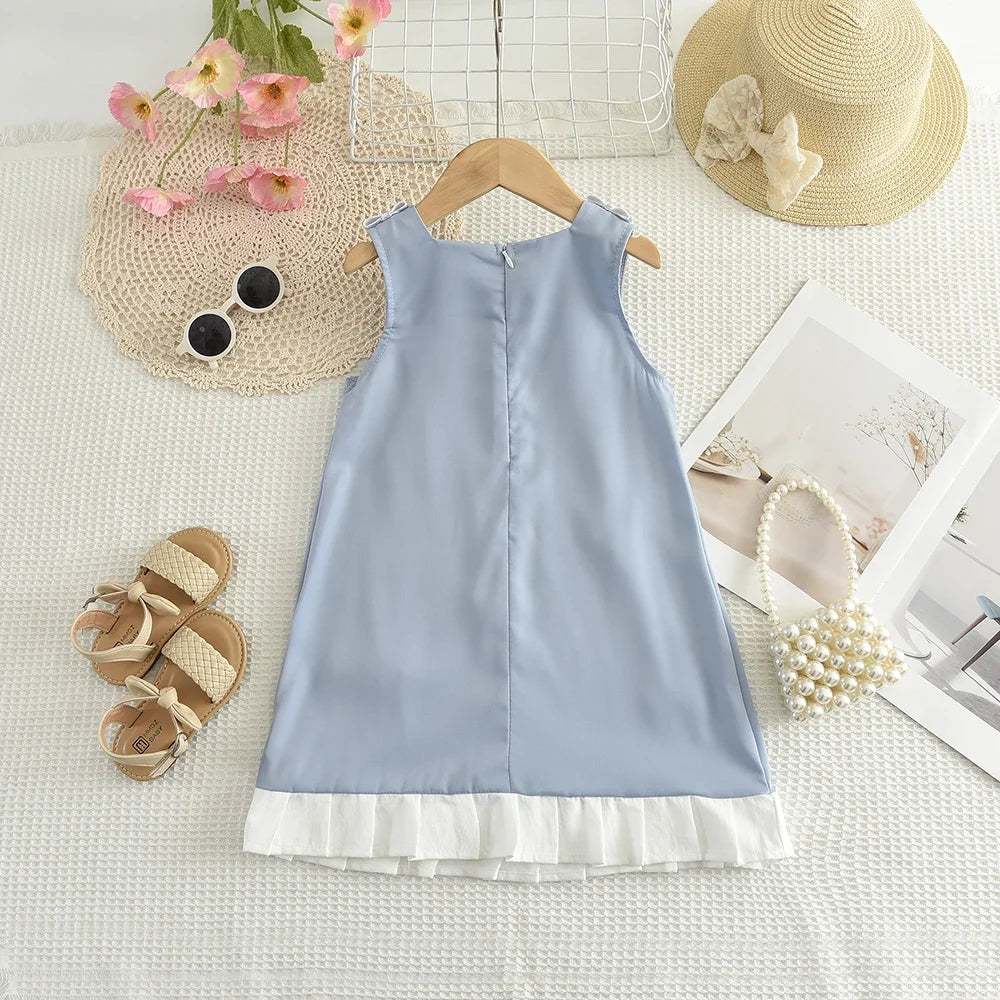 Girls Summer Sweet Bow Decoration Sleeveless Square Collar Pleated Edge Princess Dress 1 Pc 2-7 Years Kids Fashion Cute Clothes