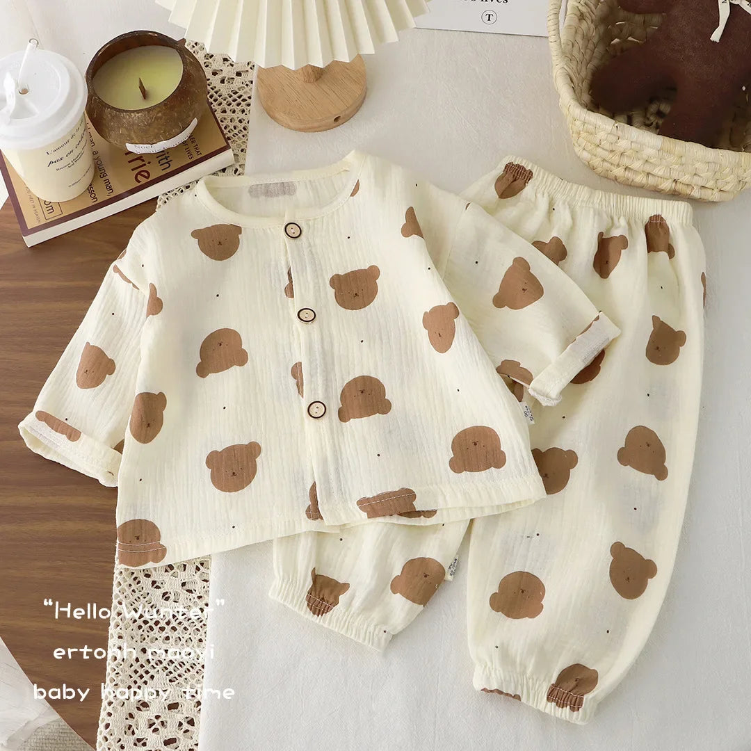 Kids Summer Thin Pajamas 2025 Boys Girls Cute Cartoon Print Long Sleeve Cotton Yarn Clothing Sets Pyjamas Baby Casual Sleepwear