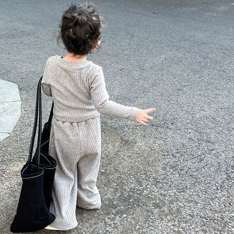 Round Neck Long-Sleeved Top Solid Color Pant Suit