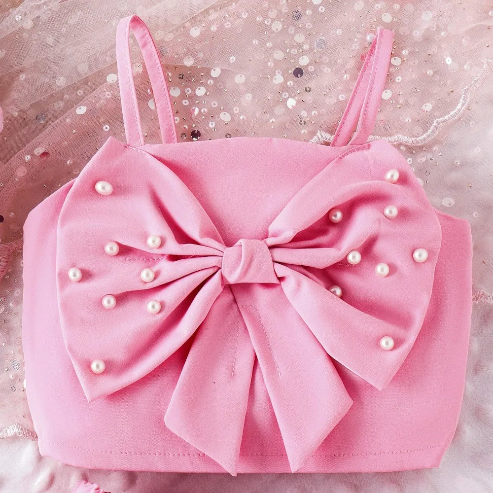 Bear Leader Summer New Pink Girls Clothes Sweet and Cute Children's Suit Pearl Bow Decorative Strap Top+Cake Skirt 2-piece Set