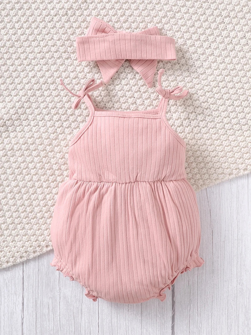 2024 New 0-9 Months Pink Cute Baby Romper Newborn Baby Girl Suspender Triangle Bodysuit with Headband 2PCS Clothes for Baby Girl