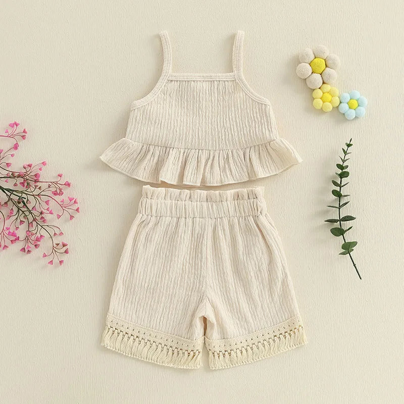 Summer Girls Clothing Sets Floral Design Ruffled Trim Sleeveless Tank Tops and Tassel Shorts Baby Clothes Children Kids Outfits
