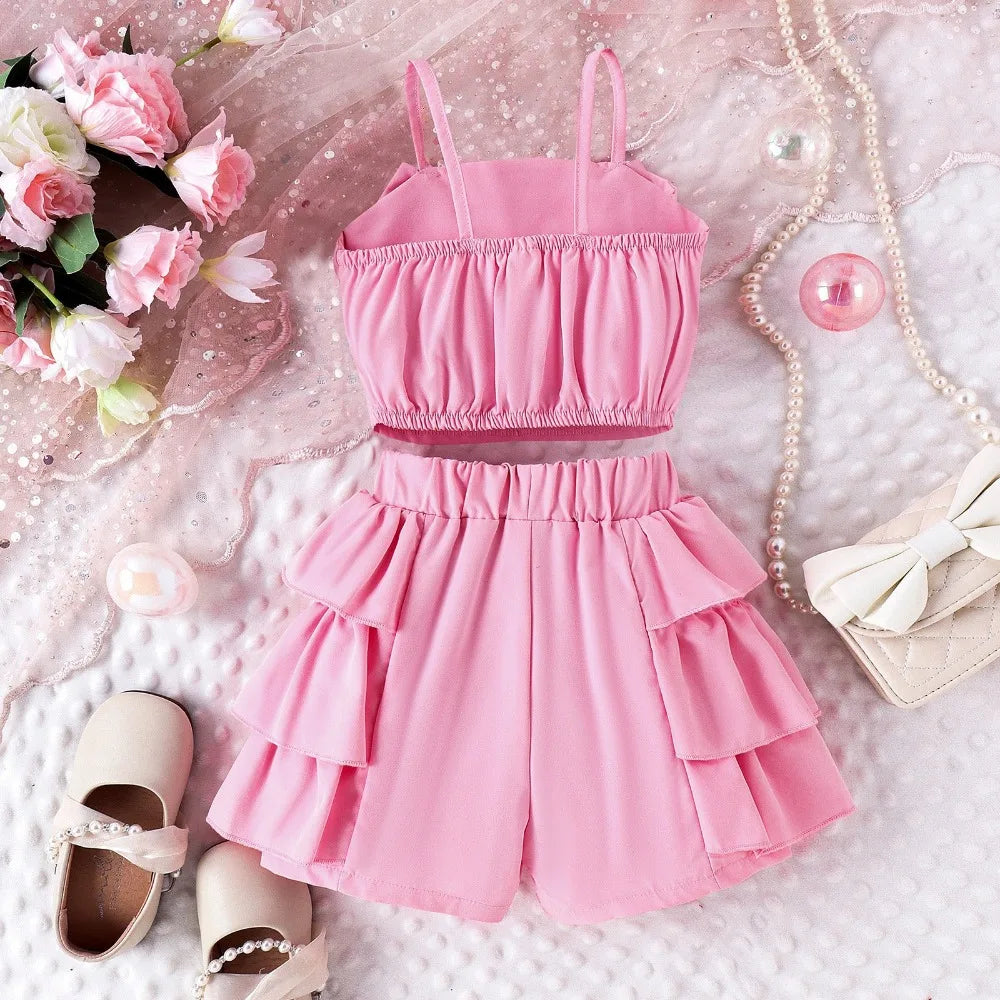 Bear Leader Summer New Pink Girls Clothes Sweet and Cute Children's Suit Pearl Bow Decorative Strap Top+Cake Skirt 2-piece Set
