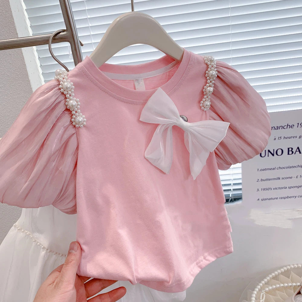 Summer Girls' Clothing Sets Bow Streamer Pearl Stitching Short-Sleeved Tutu Skirt Fashion Baby Kids Outfit Children Clothes Suit