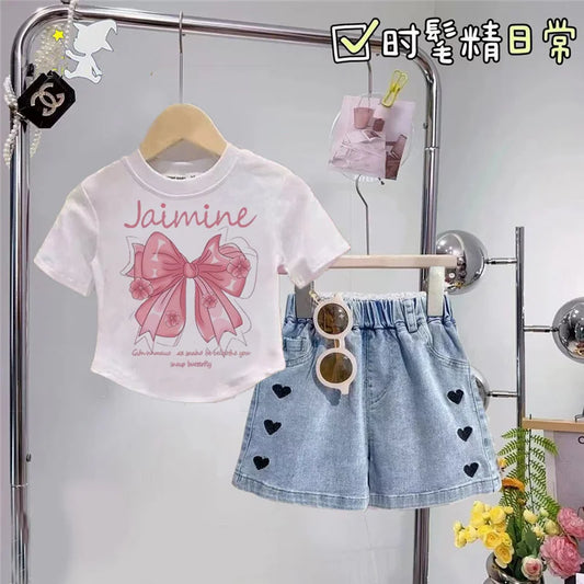 Summer Girls Sweet Clothes Sets Children Bowknot Printed T-shirts Top+Denim Shorts 2 Pcs Suits Kids Short Sleeve Outfits 4-12 Ye