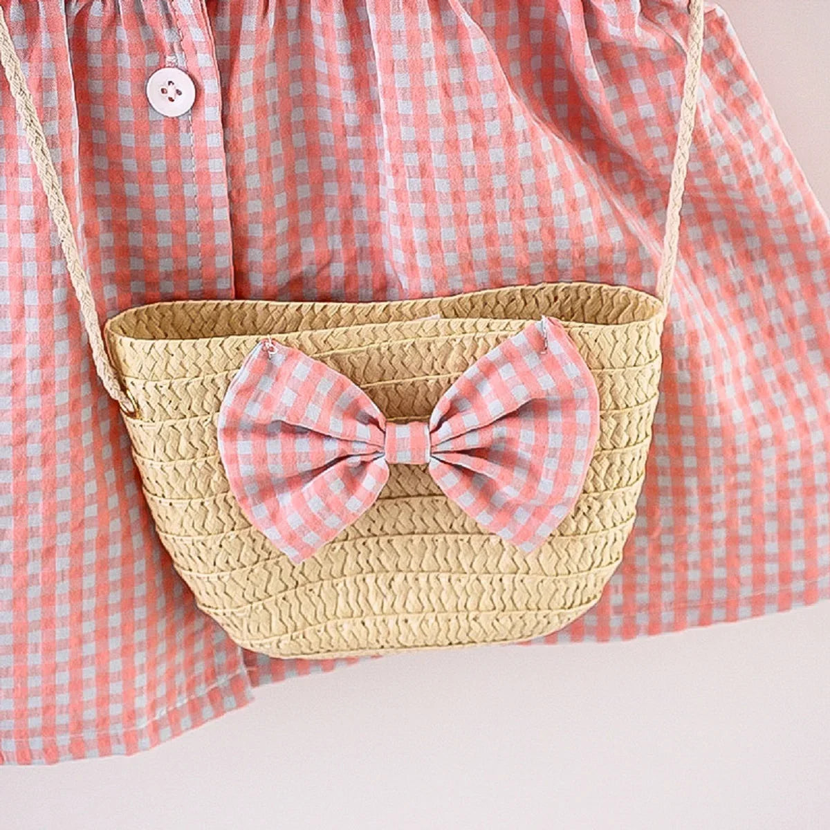 2PCS/SETSummer Girls' Dress New Foreign Trade Sweet Love Embroidered Lapel Simple Plaid Tank Top Skirt Strap Bag