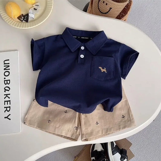 Infant Boys Summer Thin Polo Shirt Set Baby Boy Short Sleeved Cartoon Embroidered Shirt + Full Printed Casual Shorts 2pcs Set