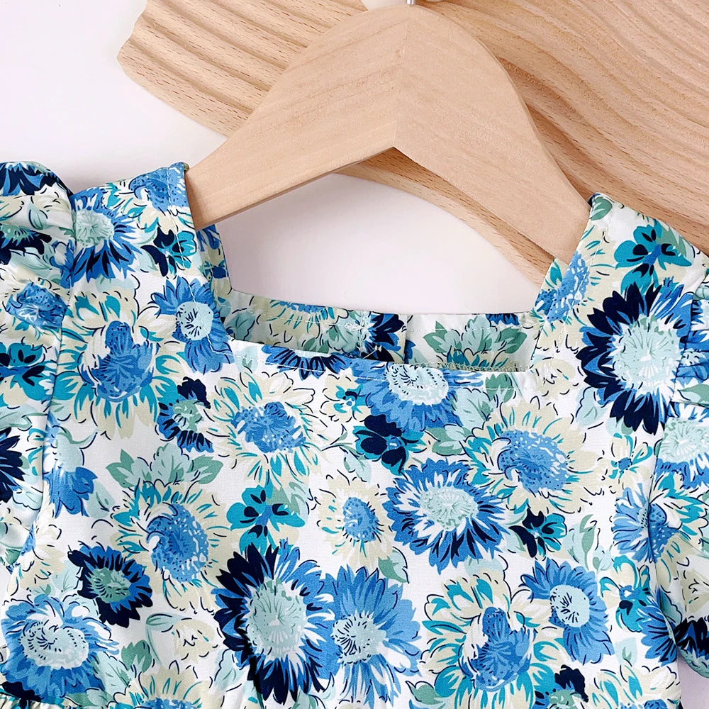 Summer Girls Fashion New Square Neck Puff Sleeve Flower Print Princess Dress 1 Pc 2-6 Years Children Sweet Casual Clothes