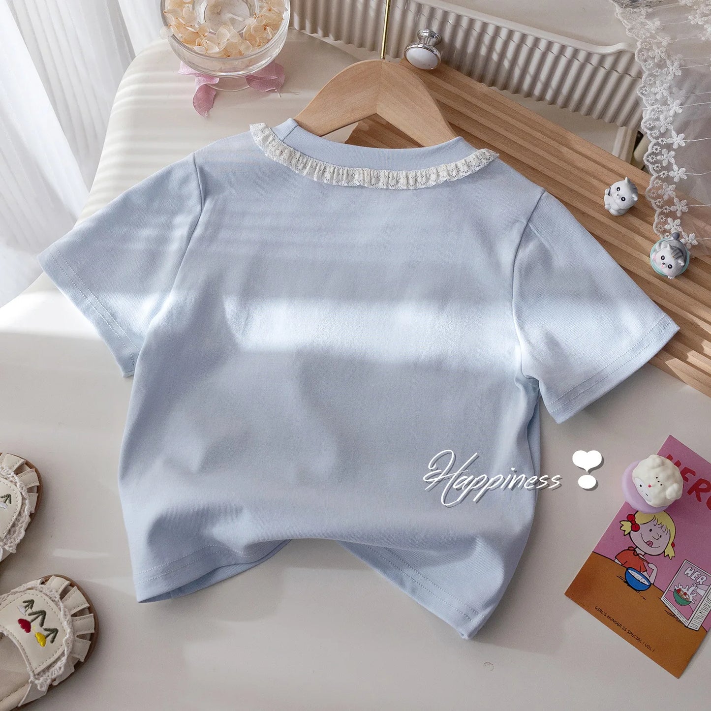2025 Summer Children Girls 2PCS Clothes Set Lace Embroidery Short Sleeve T-shirt Stylish Puffy Skirts Suit Toddler Girl Outfits