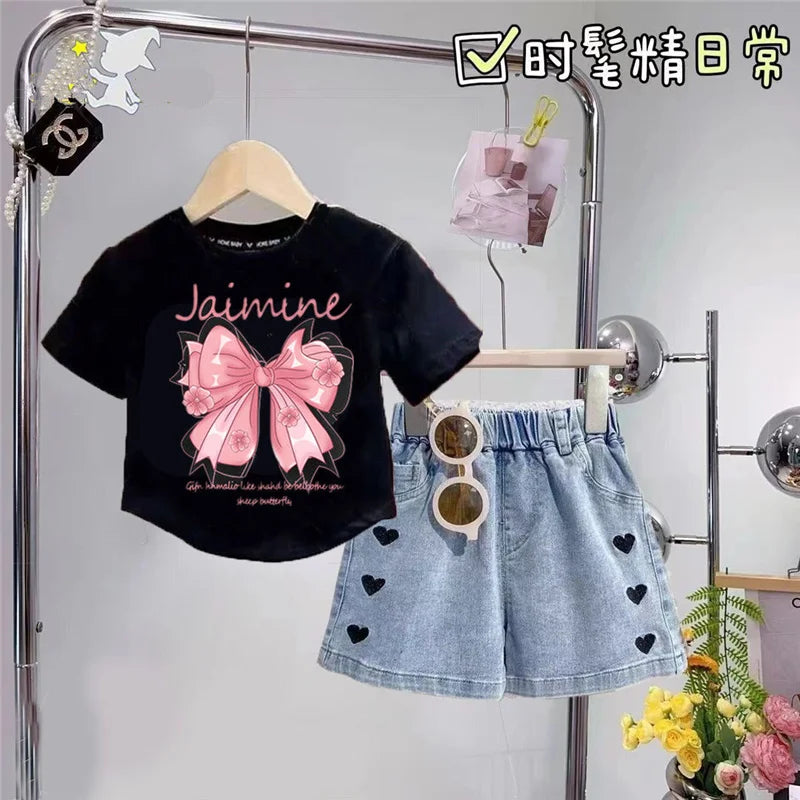 Summer Girls Sweet Clothes Sets Children Bowknot Printed T-shirts Top+Denim Shorts 2 Pcs Suits Kids Short Sleeve Outfits 4-12 Ye