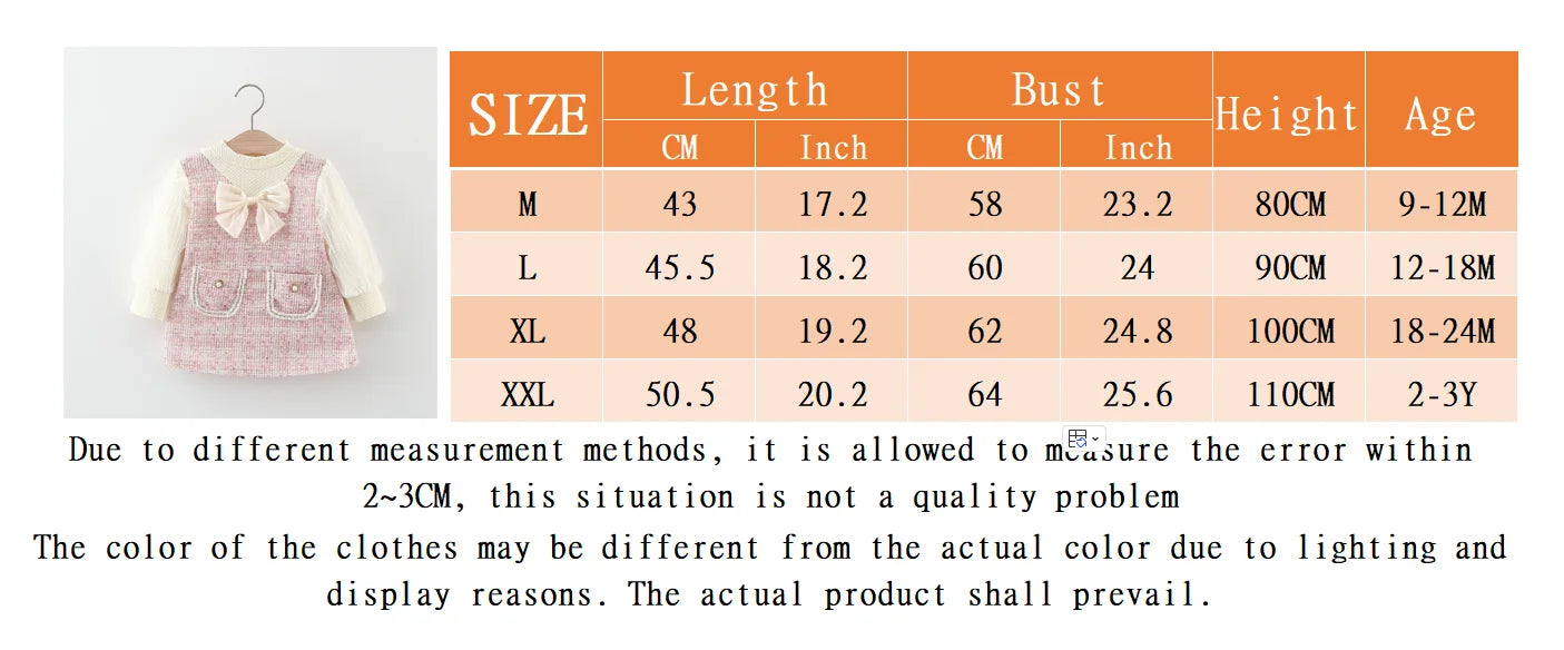 Spring And Autumn New Sweet Bow Baby Girl Dress, Korean Style Euganza Long Sleeve Children'S Clothing (9 Months -3 Years Old)