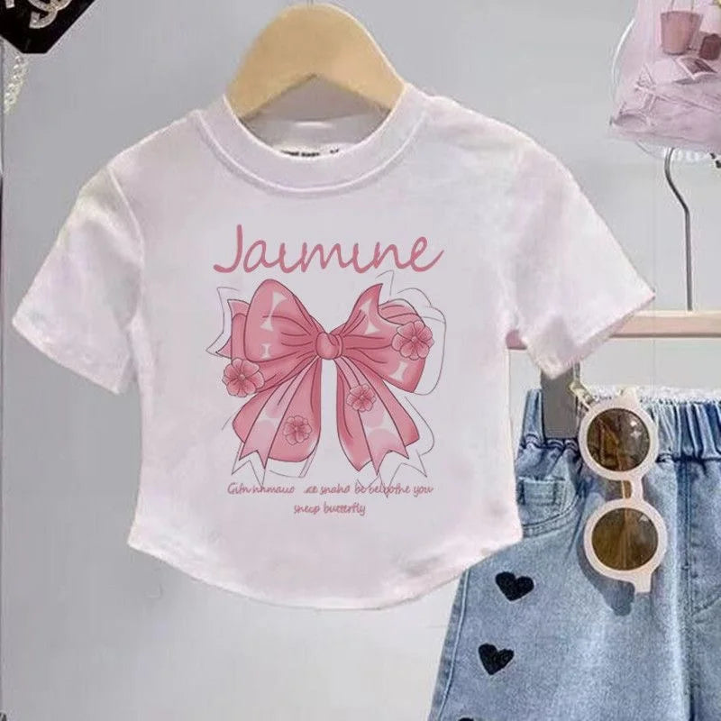 Summer Girls Sweet Clothes Sets Children Bowknot Printed T-shirts Top+Denim Shorts 2 Pcs Suits Kids Short Sleeve Outfits 4-12 Ye