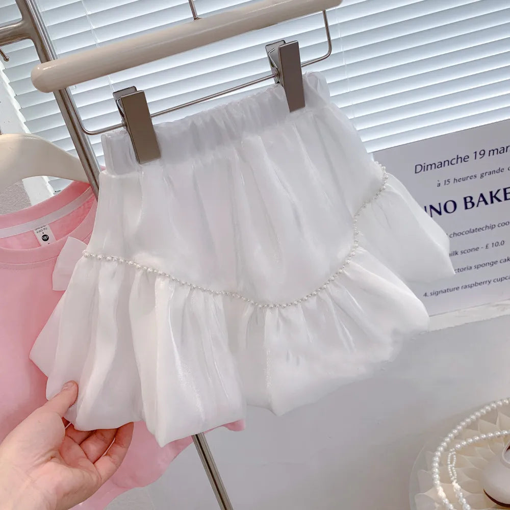 Summer Girls' Clothing Sets Bow Streamer Pearl Stitching Short-Sleeved Tutu Skirt Fashion Baby Kids Outfit Children Clothes Suit
