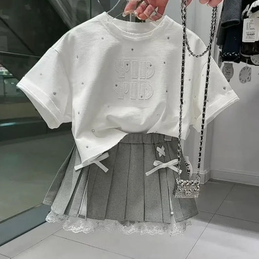 100-170cm Girls' summer outfit set 2025 summer new style children's short sleeved T-shirt pleated skirt stylish two-piece set