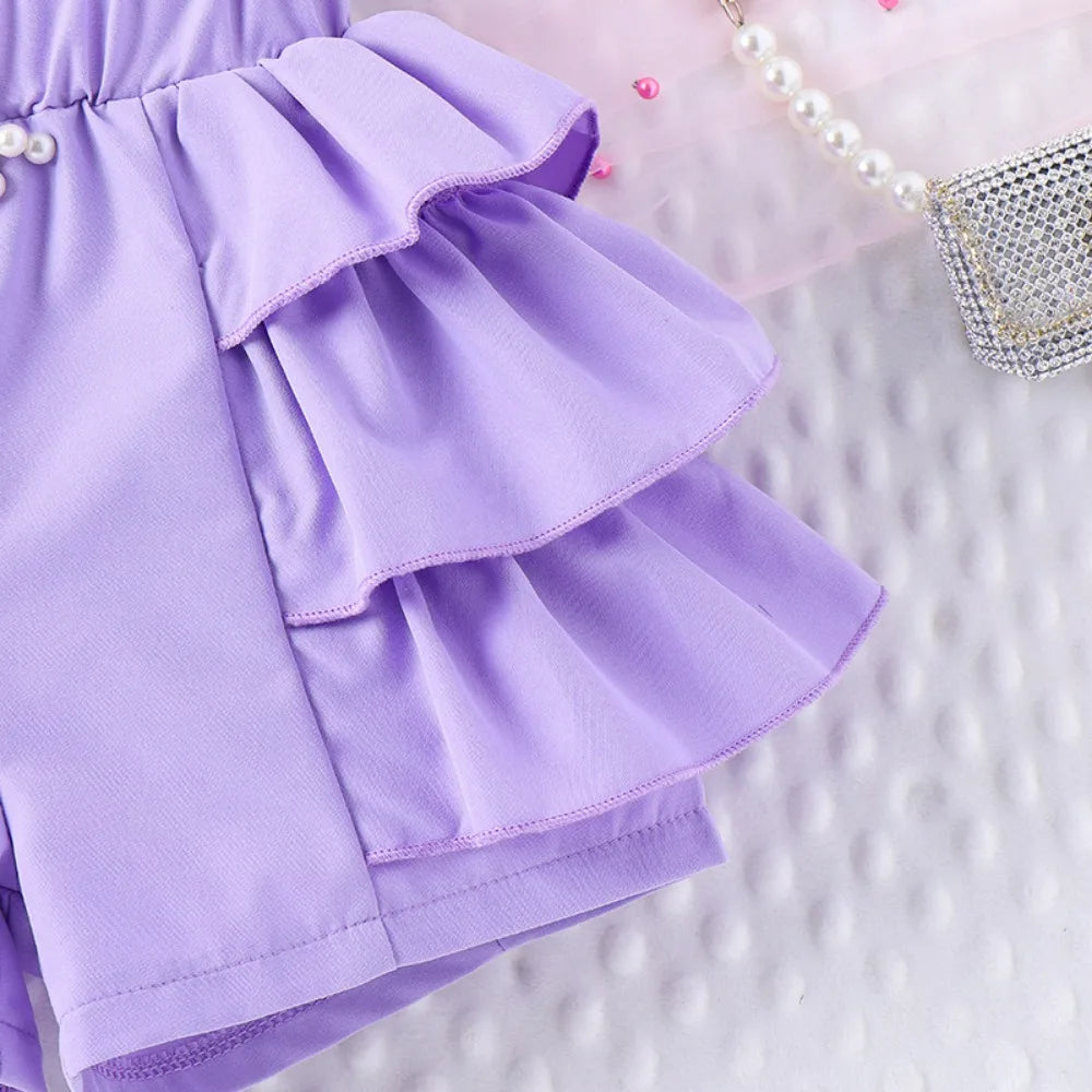 Bear Leader Summer New Pink Girls Clothes Sweet and Cute Children's Suit Pearl Bow Decorative Strap Top+Cake Skirt 2-piece Set