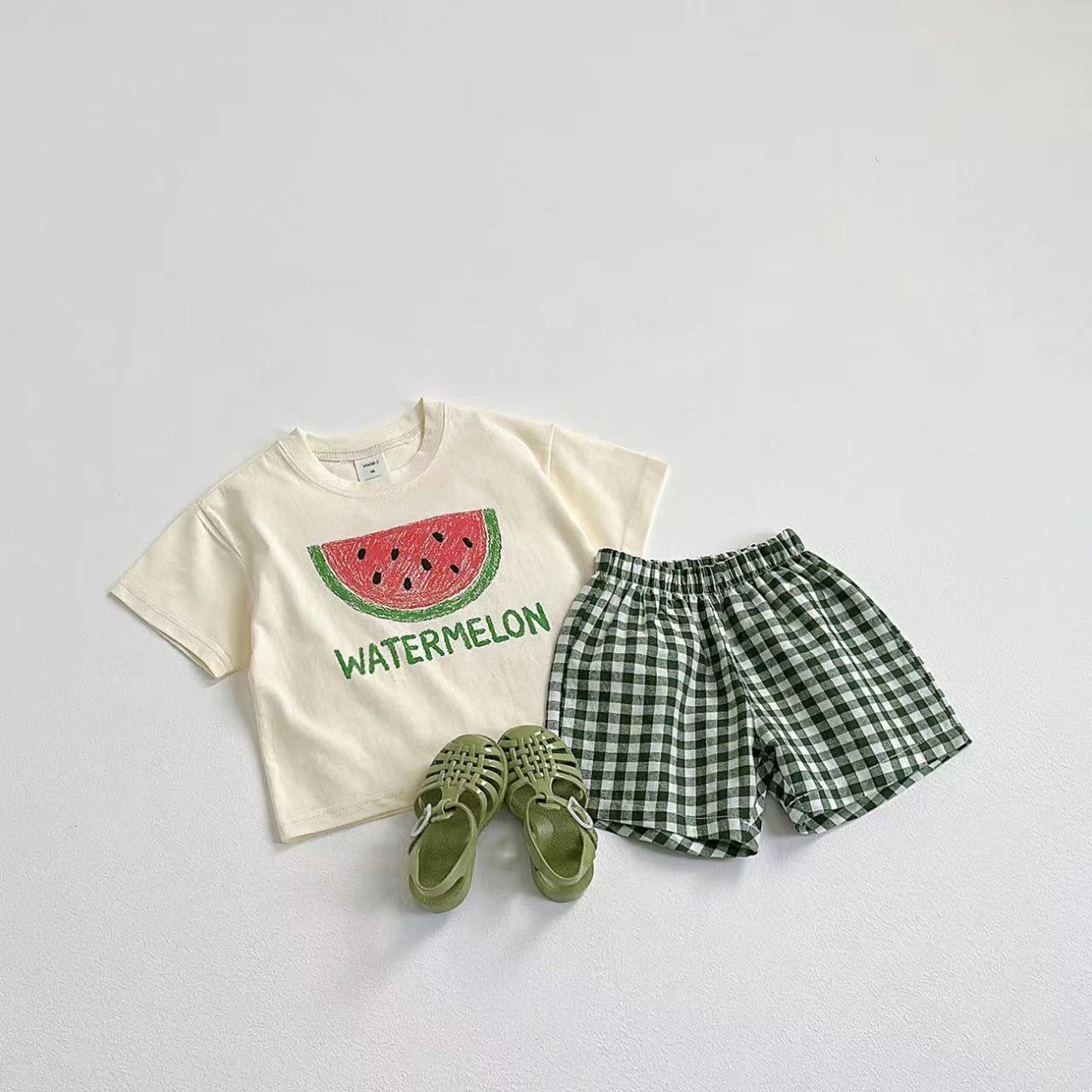 Fruit Pattern T-shirt Children's Clothes Summer Fashion Casual Korean Style Short Sleeve Suit Tees + Plaid Shorts Kids Outfits