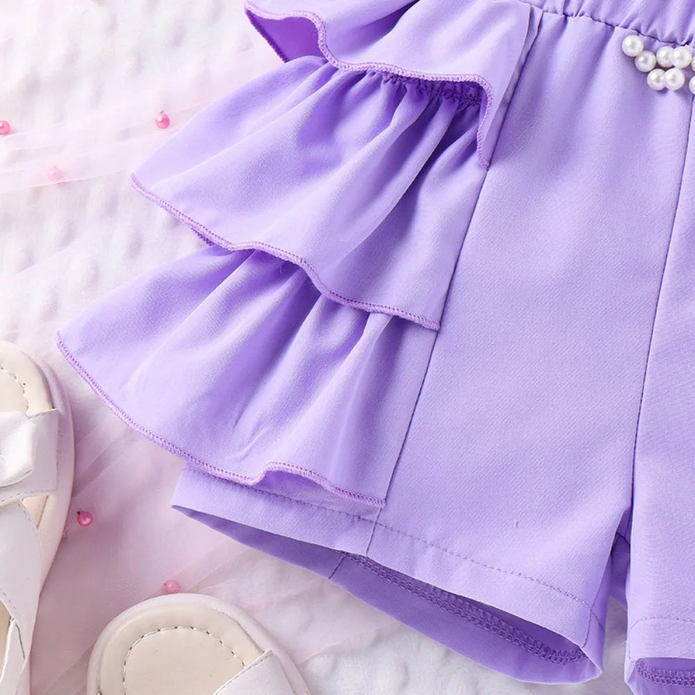 Bear Leader Summer New Pink Girls Clothes Sweet and Cute Children's Suit Pearl Bow Decorative Strap Top+Cake Skirt 2-piece Set