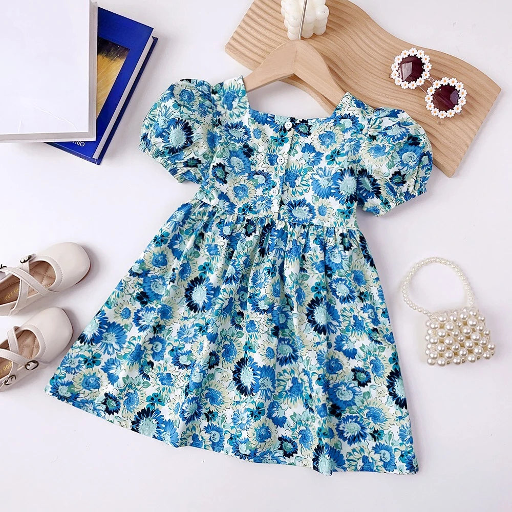 Summer Girls Fashion New Square Neck Puff Sleeve Flower Print Princess Dress 1 Pc 2-6 Years Children Sweet Casual Clothes
