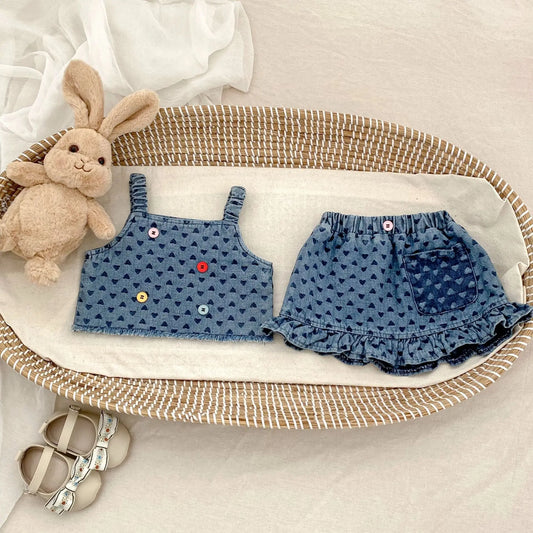 Baby Clothes Summer Female Baby Fashion Trend Cowboy Set Love Cowboy Strap Top Short Skirt Two Piece Set