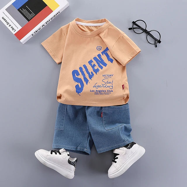 Summer Baby Boys Clothes Suit Fashion Tshirt Toddler Boy Outfit Set Stripe Shirt+Denim Shorts 2 Pcs Sets Infants Kids Clothes