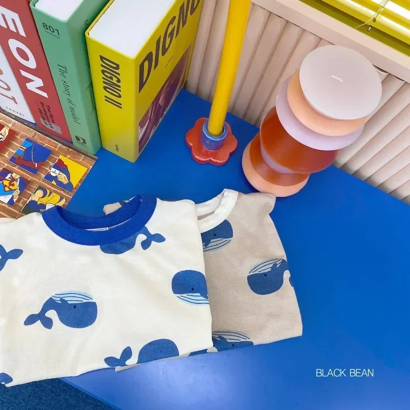 Full Print dolphin Tees +shorts Boys And Girls Cute Cotton Fashion Crew Neck Pullover Short Sleeve Home Clothes 2pcs Suits
