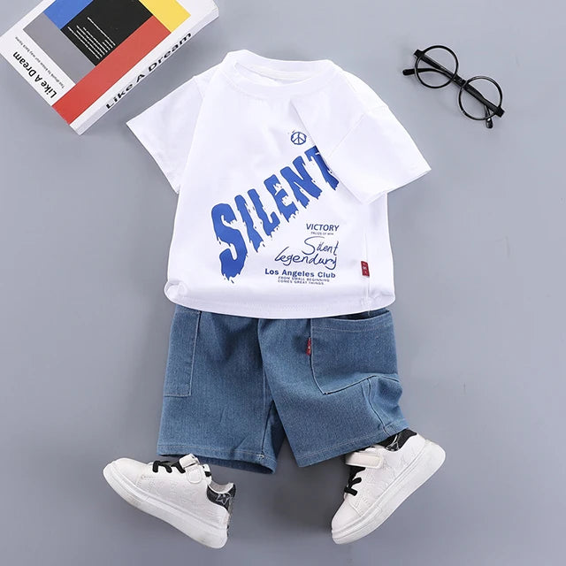 Summer Baby Boys Clothes Suit Fashion Tshirt Toddler Boy Outfit Set Stripe Shirt+Denim Shorts 2 Pcs Sets Infants Kids Clothes
