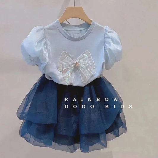 Summer Girls Bow T-shirts Sets Puff Sleeve Tops+Tulle Skirts 2Pcs Suits Kids Fashion Sweet Short Sleeve Outfits Children Clothes