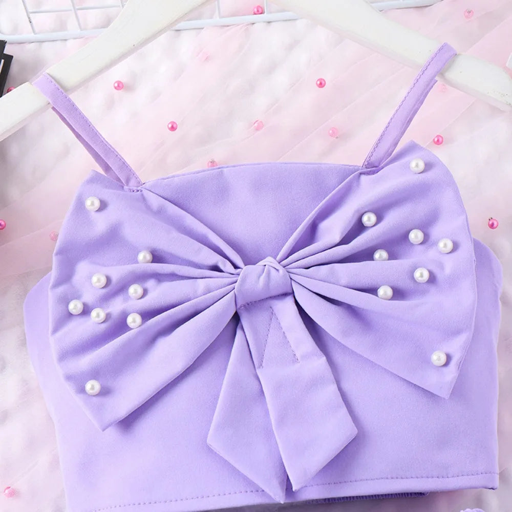 Bear Leader Summer New Pink Girls Clothes Sweet and Cute Children's Suit Pearl Bow Decorative Strap Top+Cake Skirt 2-piece Set