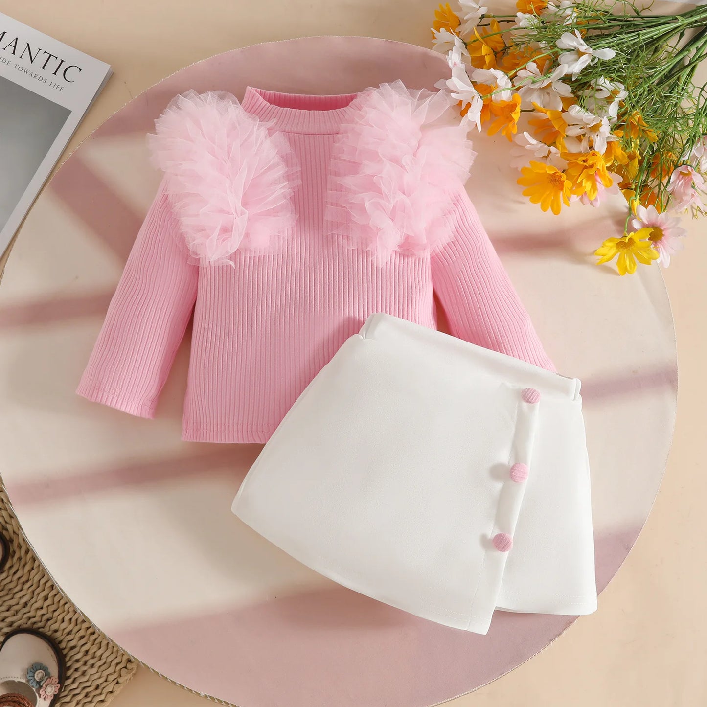 Tulle Trim 2Pcs Sets 0-3Y Baby Dresses Long Sleeve Top and Button Accent Skirt for Newborn Girls Party Outfit