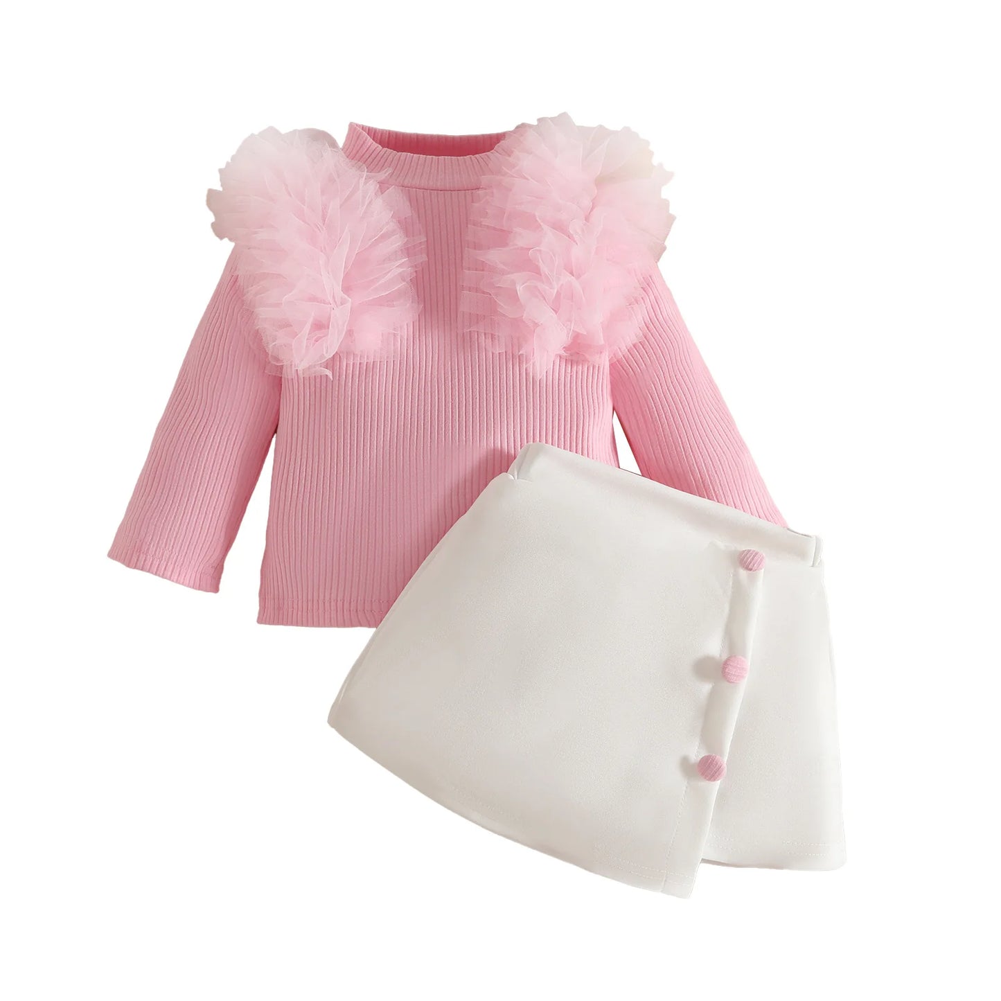 Tulle Trim 2Pcs Sets 0-3Y Baby Dresses Long Sleeve Top and Button Accent Skirt for Newborn Girls Party Outfit