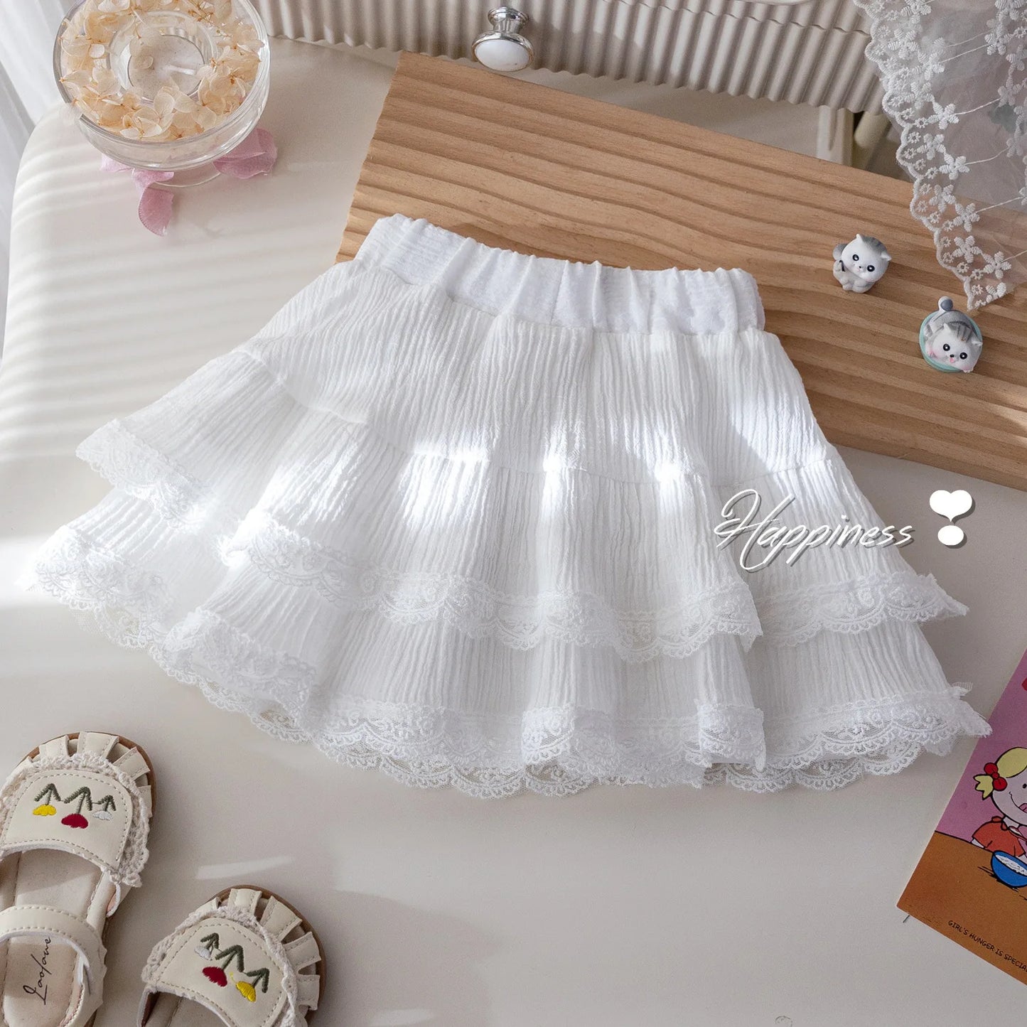 2025 Summer Children Girls 2PCS Clothes Set Lace Embroidery Short Sleeve T-shirt Stylish Puffy Skirts Suit Toddler Girl Outfits