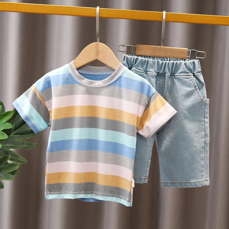 Summer Baby Boys Clothes Suit Fashion Tshirt Toddler Boy Outfit Set Stripe Shirt+Denim Shorts 2 Pcs Sets Infants Kids Clothes