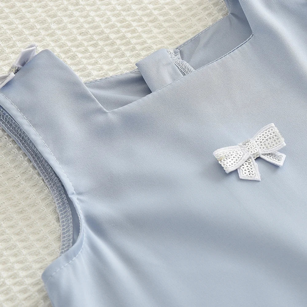 Girls Summer Sweet Bow Decoration Sleeveless Square Collar Pleated Edge Princess Dress 1 Pc 2-7 Years Kids Fashion Cute Clothes