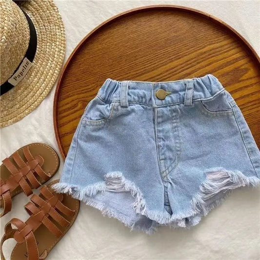 Summer Baby Girls Pants Washed Denim Ripped Shorts Hot Pants 2025 Summer New Fashion Children'S Clothing