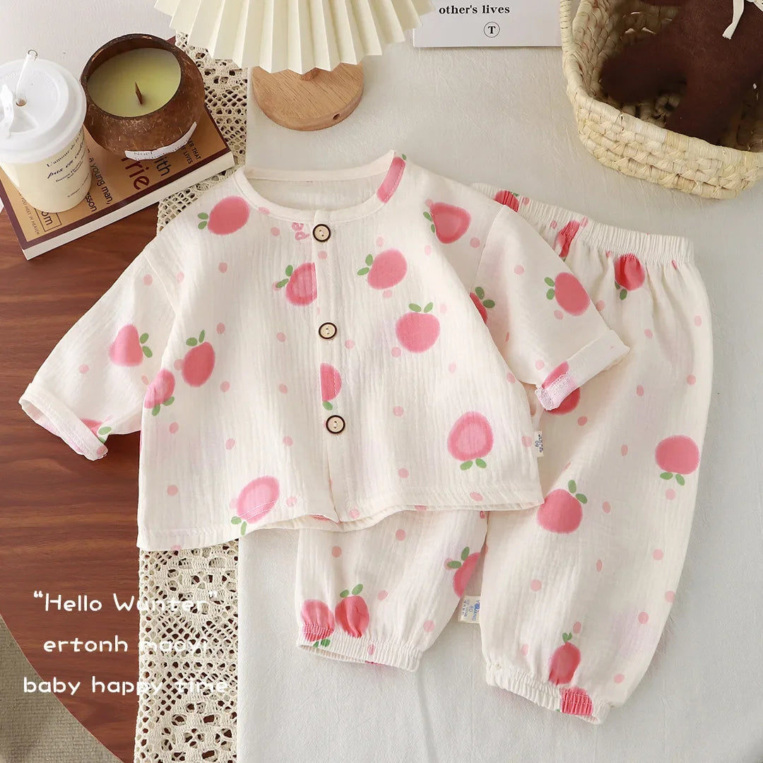 Kids Summer Thin Pajamas 2025 Boys Girls Cute Cartoon Print Long Sleeve Cotton Yarn Clothing Sets Pyjamas Baby Casual Sleepwear