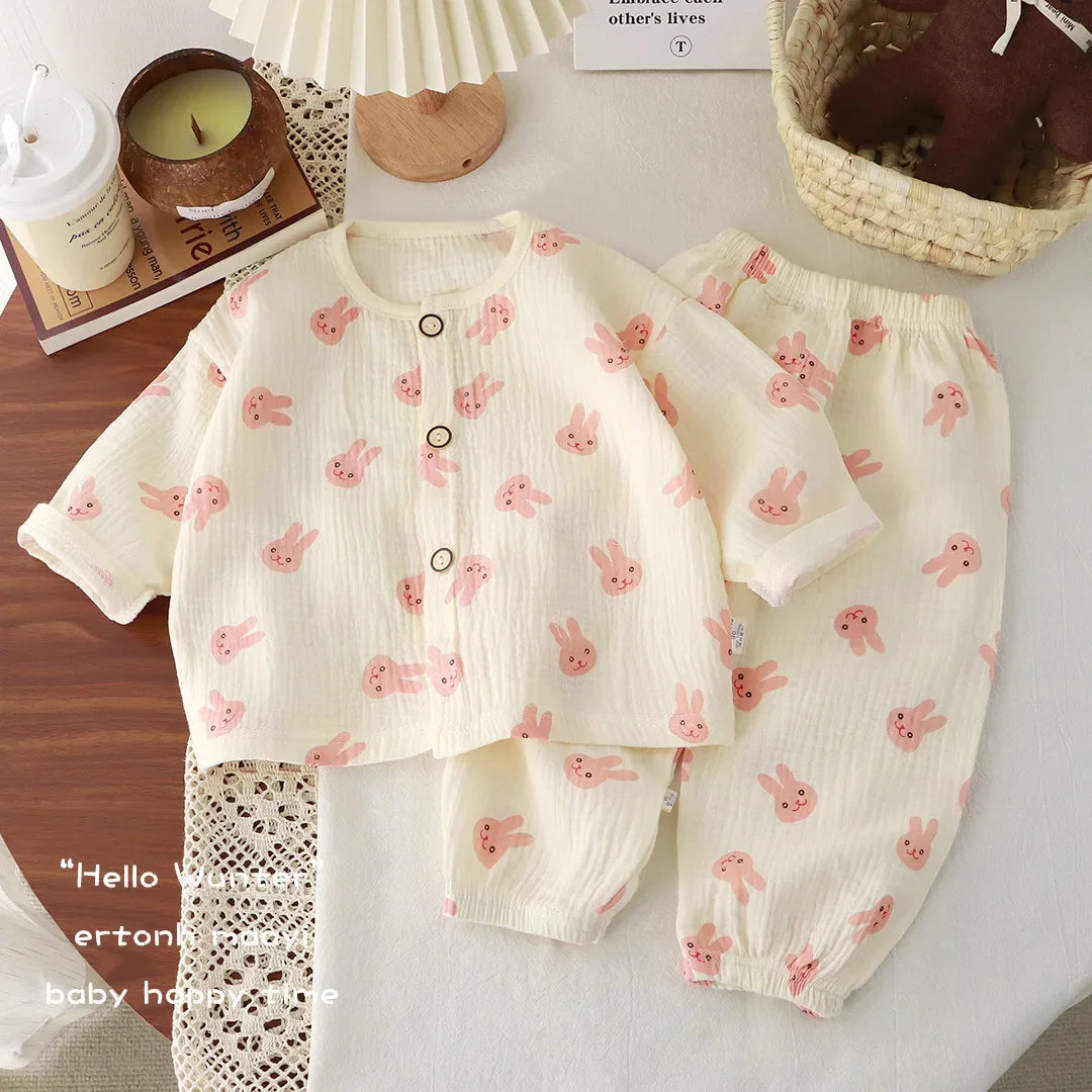 Kids Summer Thin Pajamas 2025 Boys Girls Cute Cartoon Print Long Sleeve Cotton Yarn Clothing Sets Pyjamas Baby Casual Sleepwear
